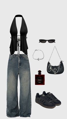 #grunge #ootd #outfitinspo #whattowear #outfitinspo #blacktop #goingouttop #baggyjeans #chromehearts #sambas #baroutfit #blackopium #cuteoutfit Popular Style, Textile Design, Dresses, Clothes