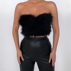 Womens Faux Fur Trim Rave Bandeau Crop Tops Off Shoulder Patchwork Back Zipper Feather Cami Vest Tank Tops Streetwear Strapless Tank Top, Tops Off Shoulder, Summer Goth, Feather Tops, Bandeau Crop Top, Top Streetwear, Cropped Tube Top, Solid Clothes, Solid Tops