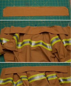 two pictures of the same fabric being cut and sewn together to make a fireman's cape