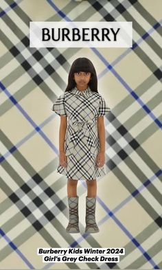 Love this super cute Burberry Girls Fall 2024 Outfit! Burberry Kids Girls Lichen Grey Check Dress Boots. Adorable grey shirt dress features the iconic Burberry Check pattern in shades of black, white, and grey for a signature look. Looks perfect with a pair of matching grey check boots. Another cute option is this Burberry Girls grey check jacket and matching skirt. Another cute looks is the mini-me white t-shirt with an original bright blue painted strawberry illustration. #burberry #celebritystyle #kidfsfashion #fashiondesign Dress Boots Outfit, Strawberry Illustration, Painted Strawberry, Grey Shirt Dress