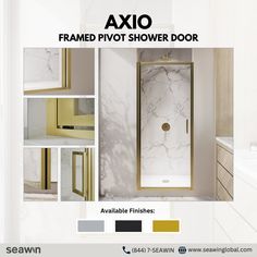 an advertisement for a shower door with different colors and finishes on the front, side, and back sides