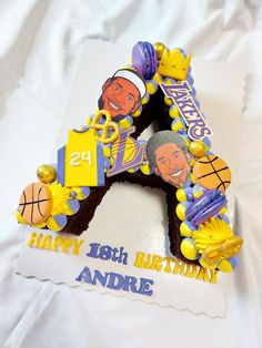 Here's a lakers theme letter cake for all LA Lakers fan! Happy 18th Birthday! Basketball Number Cake, Lakers Cupcakes, Number 3 Cakes, 23rd Birthday Ideas, Bday Surprise, 30th Ideas, Basketball Birthday Party