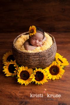 a baby in a basket surrounded by sunflowers with the words good night on it