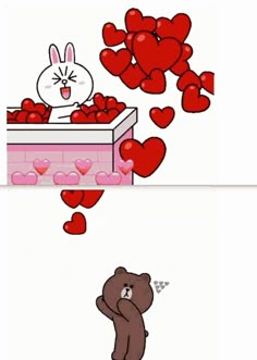 two pictures with hearts flying out of the top and one has a teddy bear in it