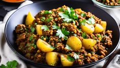 a black bowl filled with potatoes and meat on top of a table next to other dishes