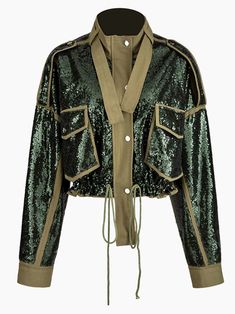 Material: Polyester, Cotton Sample Size: S Cold wash Our Style No. ZC_171243 Patchwork Jacket, Turtleneck Long Sleeve, Army Jacket, Sequin Jacket, Collars For Women, Female Fashion, Women's Coats, Short Jacket, Coat Fashion