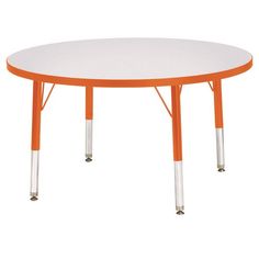 an orange and white round table with two legs on each side, against a white background