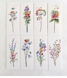 six watercolor paintings of flowers on white paper