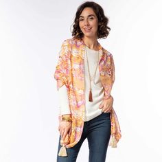 Our Katarina Pink Tassel Shawl is the perfect piece for when hot summer days turn to cool summer nights. Featuring tassels for elegant draping over the shoulders, these are easy to wear and instantly elevate any outfit! Katarina Pink is a vibrant allover leaf print in orange, tan, and pink. - Microfiber, rayon, nylon, wool - 2 tassels at the ends - 27 inches x 73 inches - super soft luxurious fabric Ships within 1 business days from Columbus, OH. Palm Leaves Print, Pink Tassel, Summer To Fall, Cool Summer, Palm Leaf, Beach Hair, Leaf Print, Coral Pink, Leaf Prints