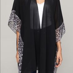 Black And Python Print Kimono Black Open Front Kimono For Fall, Black One Size Kimono, Black Kimono With Kimono Sleeves For Party, Black Wrap Kimono For Spring, Casual Black Wrap Kimono, Black Fall Party Kimono, Black Summer Kimono With Kimono Sleeves, Black One Size Open Front Kimono, Black Spring Vacation Kimono