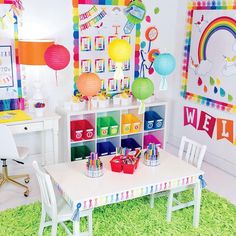 a child's playroom with toys and decorations