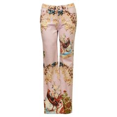 Roberto Cavalli printed five pocket jeans from S/S 2003. Pale pink with a beautiful Chinoiserie inspired print featuring florals, bows, lattice, pheasants and swans. Mid rise with flared leg. Many different elements of the print are highlighted with gold glitter. Signed fabric and tonal top stitching. Excellent vintage condition. Made in Italy. This S/S 2003 collection has made a resurgence with many celebrities wearing pieces from this quintessentially Y2K collection. Roberto Cavalli Vintage, Dior Jeans, Jean Rose, Cavalli Jeans, Colorful Pants, Roberto Cavalli Dress, Metallic Jeans, Floral Jeans, Rose Pale