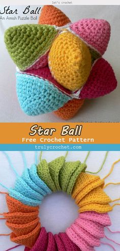 crochet star ball wreath pattern is shown in three different colors