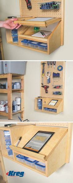 there are two shelves with tools in them