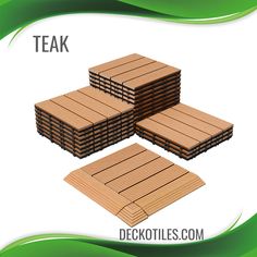 four pieces of wood are stacked on top of each other, with the words teak written