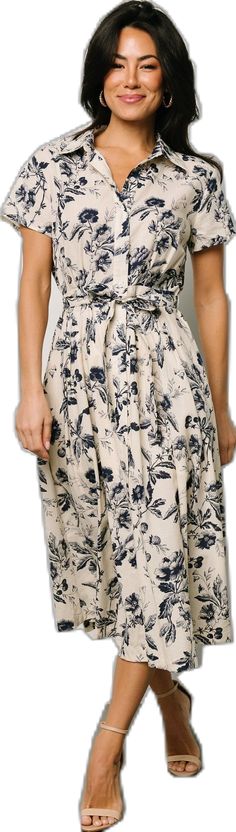 Lorna Midi Dress | Beige + Navy Print - Baltic Born Notched Neckline, Navy Print, Girls Tie, Bride Flowers, Dress Beige, Romper Outfit, Wedding Dress Shopping, Navy Floral, Wedding Suits