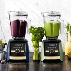 three blenders with different types of food in them