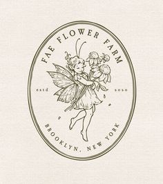 the flower farm logo with a fairy holding flowers in her arms and standing on one leg