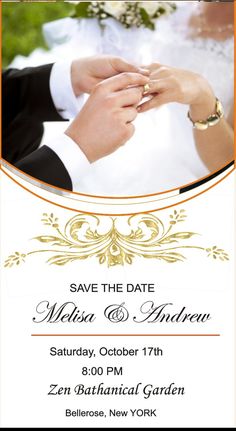 an orange and white wedding save the date card with two hands on top of each other