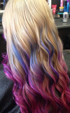 Blonde, pink, and blue ombre Blue And Pink Highlights In Blonde Hair, Pink Blue Hair Ombre, Blue To Pink Ombre Hair, Pink And Blue Hair Extensions, Pink Purple Blue Ombre Hair, Blue Ombre, Hair And Nails, Blonde