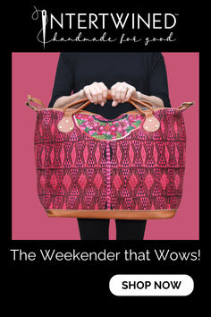 Pink Weekender Bag with Handwoven Vintage Textile from Guatemala and Leather Accents Overnight Bag, Travel Bag, Unique Vintage, Bag Making, Morocco