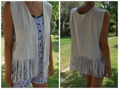 two pictures of a woman wearing a white vest and shorts with fringes on it