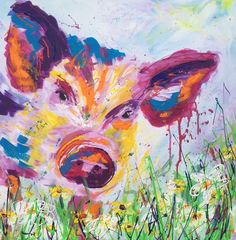 a painting of a pig in the grass with paint splatters on it's face