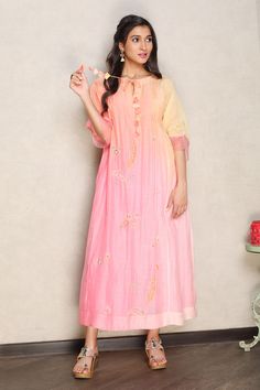 Pink and coral 4D shaded silk chanderi kurta with sequins and thread hand embroidery. Comes with a cotton mulmul slip.
Components: 2
Pattern: Hand embroidered
Type Of Work: Sequins, Thread
Neckline: Kurta : Notched, Slip : Round
Sleeve Type: Kurta : Three quarter, Slip : Sleeveless
Fabric: Kurta : Silk chanderi, Slip : Cotton mulmul
Color: Pink, Coral
Other Details: 
Closure : Front tie-up with tassels
Occasion: Mehendi and Haldi,Sangeet - Aza Fashions Spring Cotton Silk Kurta With Dupatta, Spring Kurta With Chikankari Embroidery In Tissue Silk, Spring Chikankari Embroidery Tissue Silk Kurta, Designer Tissue Silk Kurta For Spring, Spring Designer Tissue Silk Kurta, Spring Chanderi Salwar Kameez With Gota Work, Spring Tissue Silk Kurta With Resham Embroidery, Bohemian Silk Kurta With Gota Work, Spring Anarkali Tissue Silk Kurta