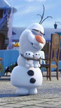 an animated snowman with two small children