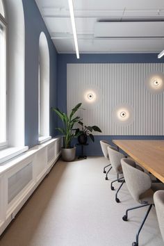 an empty conference room with blue walls and white trim