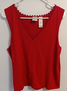 Emma Jane's Red V Neck Tank Top Crochet Ruffle At Neck Womens XL Liz Claiborne  | eBay Tank Top Crochet, Emma Jane, Crochet Ruffle, Red Tank Top, Ruffle Design, Red Tank, Red Tank Tops, V Neck Tank Top, Liz Claiborne