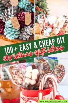 an assortment of christmas gift ideas with the words, 100 + easy and cheap diy gifts