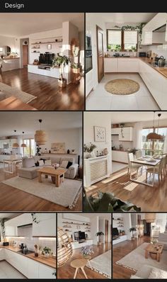 a series of photos showing different rooms in a house with wood floors and white walls