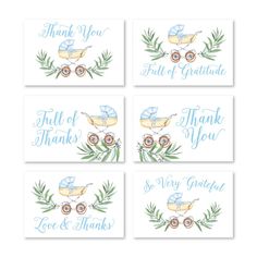 four thank cards with baby carriages and leaves