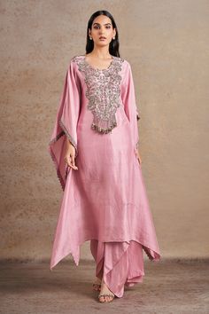 Buy Purple Pure Silk Embroidered Dori V-neck Kaftan With Draped Skirt For Women by Stotram Online at Aza Fashions. Kaftan With Skirt, Rakhi Outfit Ideas 2024, Desi Things, Suit Inspiration, Choli Dress, Fancy Sarees Party Wear, Designer Kurti Patterns, Kurti Patterns