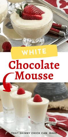 white chocolate mousse with raspberries on top and two glasses filled with milk