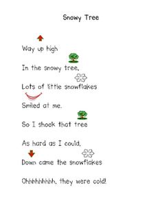 the snow tree poem is written in red and green on a white background with words below it