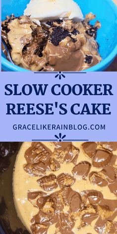 the recipe for slow cooker reese's cake is shown in two different pictures