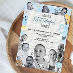 a baby's first birthday party card with photos on it