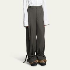 SACAI suiting pants with a belted waist Full length High rise Side slip pockets; back welt pockets Cargo flap pockets Tapered legs Belted cuffs Wool/polyester Dry clean Made in Japan Fitted Pants With Belted Cuffs For Spring, Spring Fitted Pants With Belted Cuffs, Fall Ankle-length Pants With Belted Cuffs, Wide-leg Pants With Belted Cuffs For Work, Wide-leg Business Casual Pants With Belted Cuffs, Business Casual Wide-leg Pants With Belted Cuffs, Workwear Trousers With Belted Cuffs, Office Pants With Belted Cuffs For Fall, Belted Cuffs Trousers For Workwear