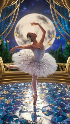 a ballerina is dancing in front of a full moon