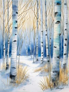 a painting of some trees in the snow