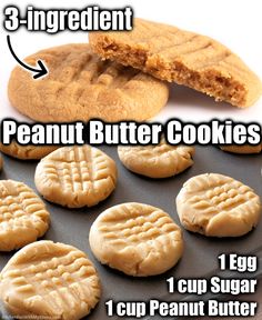 peanut butter cookies on a baking sheet with the words, 3 ingredients