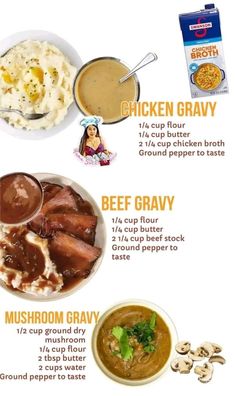 a menu with different types of food and drinks on the side, including soups, mashed potatoes, chicken gravy, beef gravy, mushroom gravy