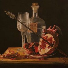 a still life with pomegranates and wine