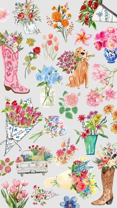 an assortment of flowers and boots on a gray background