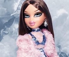 a close up of a barbie doll wearing a pink jacket and dress with blue eyes