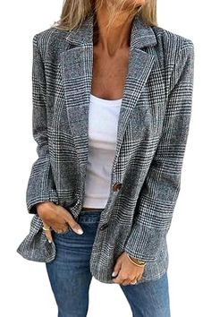 Amazon.co.uk : SheIn Women's Lapel Collar Coat Long Sleeve Plaid Blazer Outerwear X-Small Plaid Grey Blazer Casual, Mini Robes, Houndstooth Pattern, Turndown Collar, Casual Blazer, Wool Suit, Suits Coats, Long Blouse, Casual Outfit