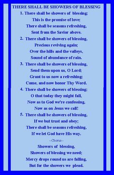 a poem written in blue with the words, there shall be showers of blessing