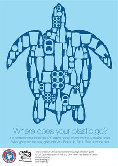 a blue poster with an image of a turtle made out of plastic bottles and other items